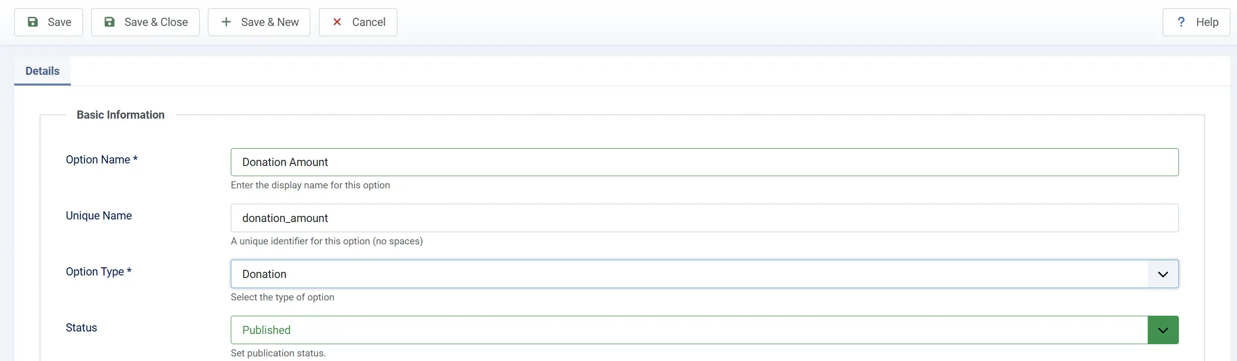 Create and add option of the type Donation
