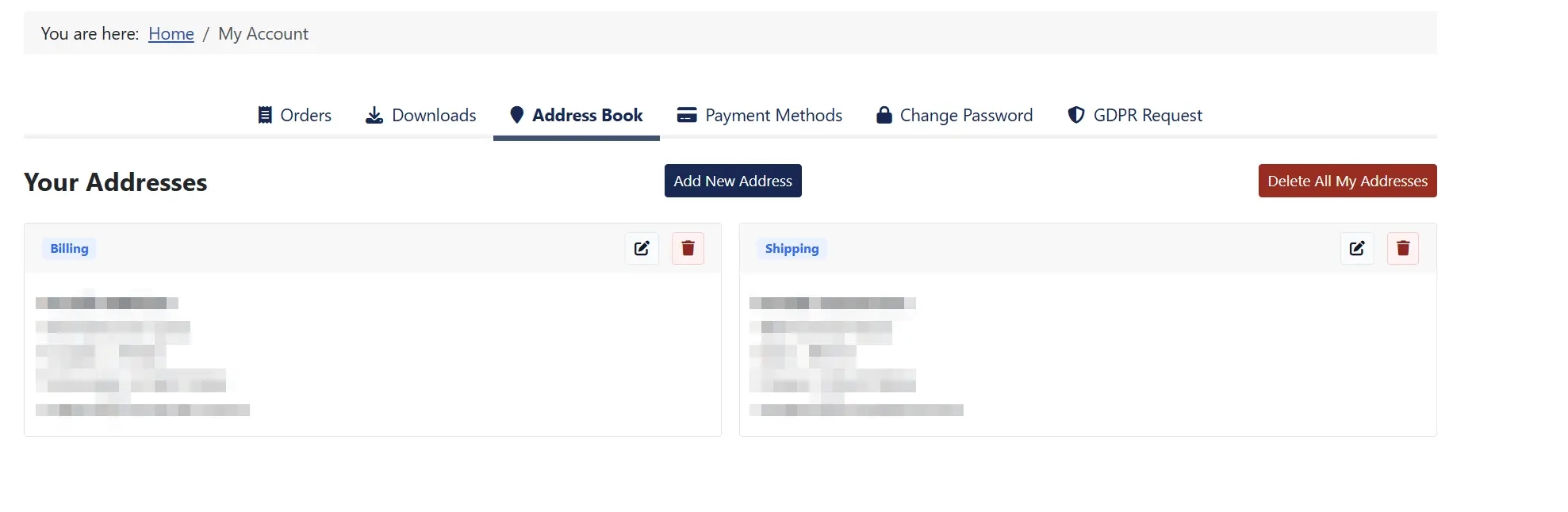 One click delete address button