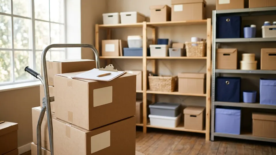 A hand truck loaded with moving boxes and a clipboard stands beside tidy storeroom shelves.