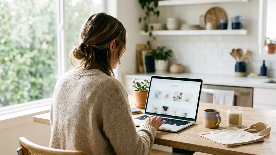 A store owner browses an online store on a laptop at a kitchen table beside a mug, a candle and a tote bag.