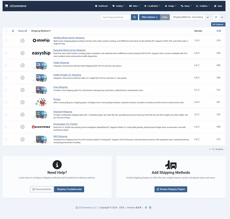 J2Commerce shipping methods admin list showing carrier plugins with rate configurations