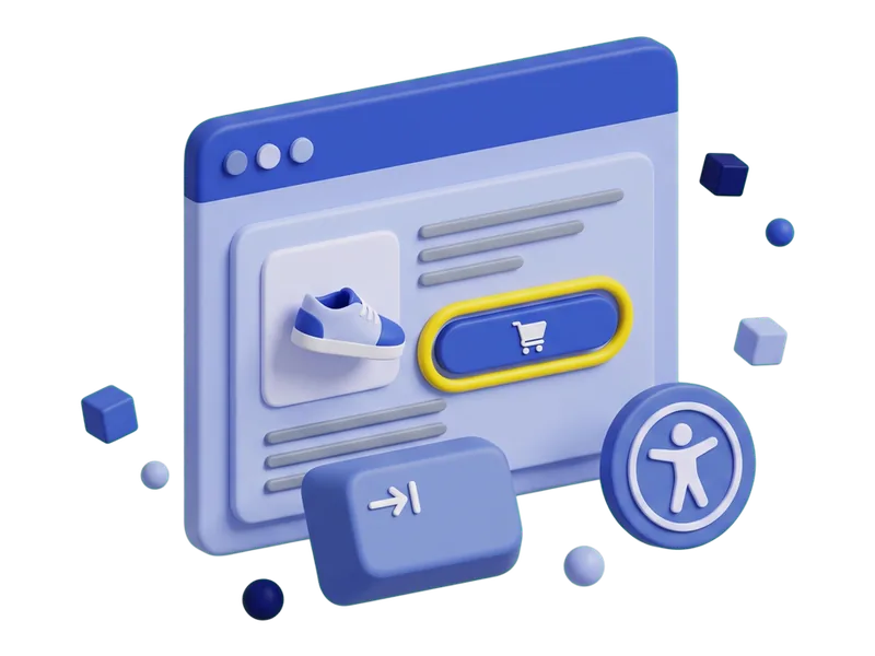 A product page whose add-to-cart button carries a bold yellow focus ring, with a Tab key and an accessibility badge in front.