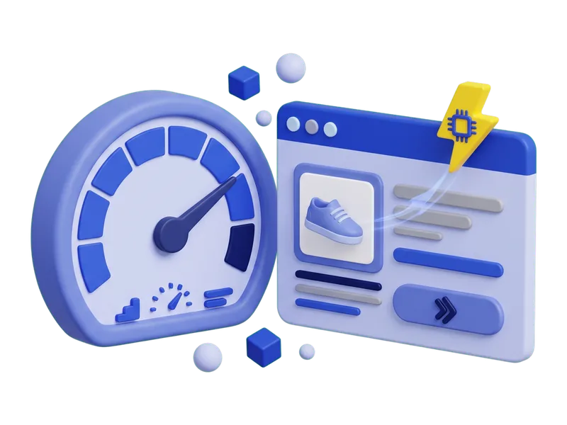 A speedometer needle swung into the fast zone beside a fully loaded product page and a yellow lightning bolt.