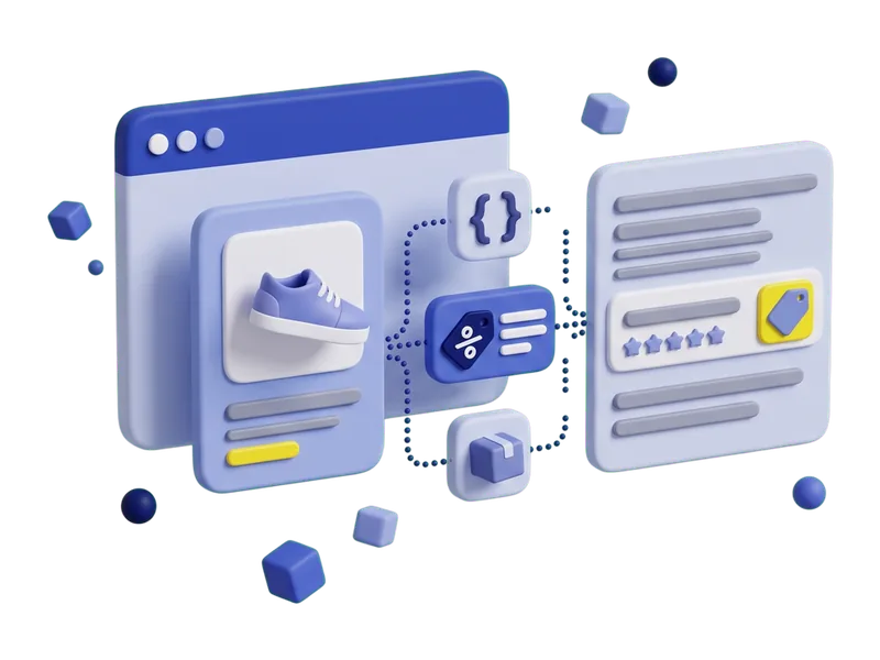 A product card linked by dotted lines to code, price and shipping chips that feed a search result showing stars and a price tag.