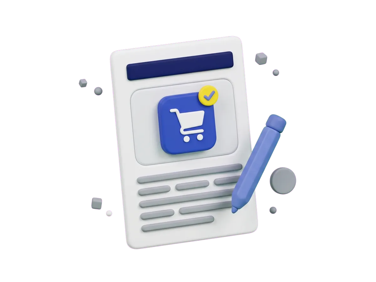 A clay press-kit card being assembled: a logo tile with a shopping-cart mark slots into an article page and a yellow check appears.