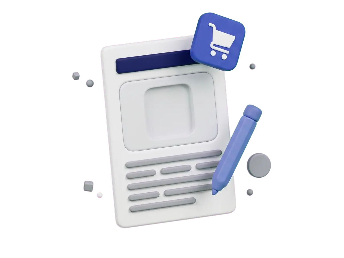 A clay press-kit card being assembled: a logo tile with a shopping-cart mark slots into an article page and a yellow check appears.
