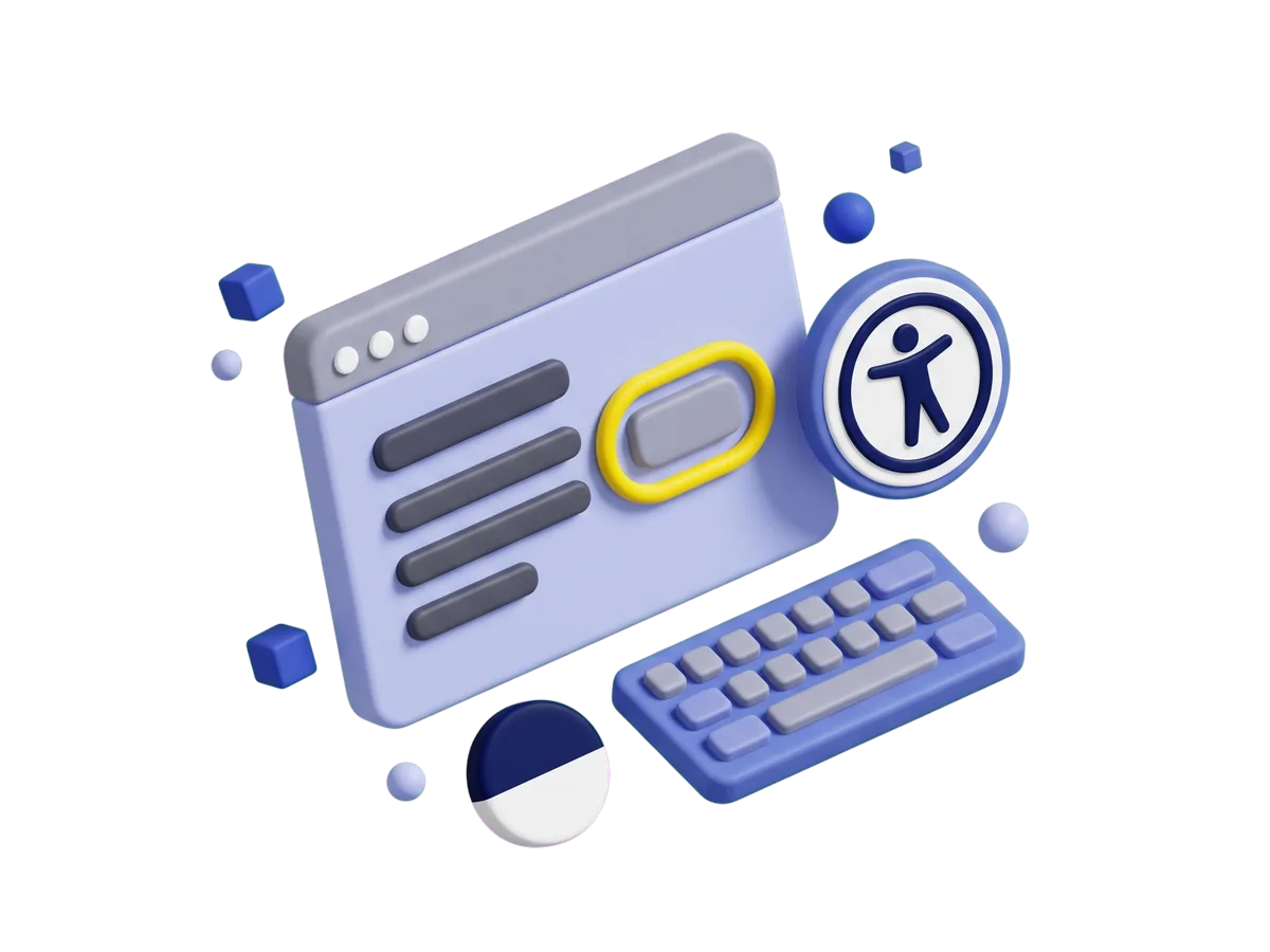 A browser window with a focus ring around one button, beside the accessibility symbol, a keyboard and a contrast chip.