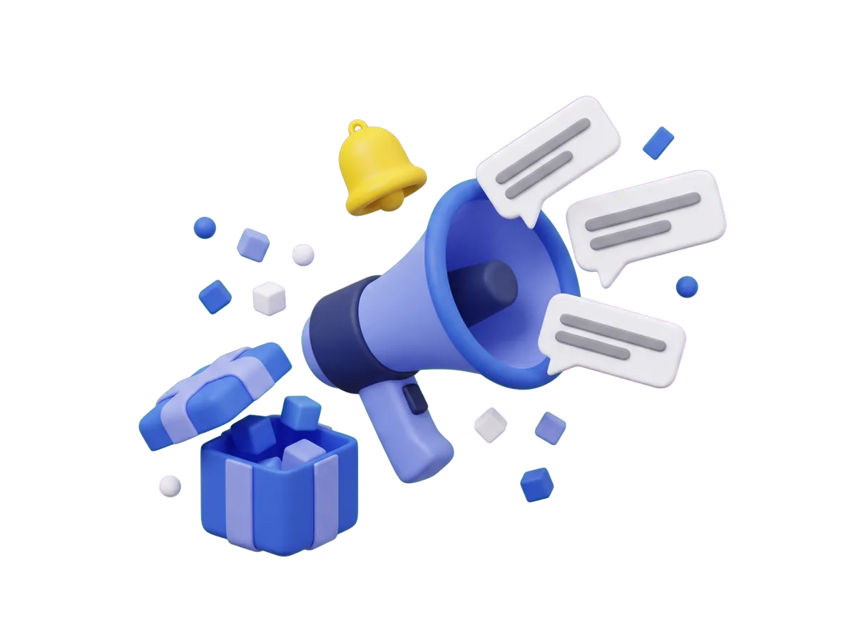 A megaphone sending out speech bubbles under a yellow bell, beside an open gift box and confetti.