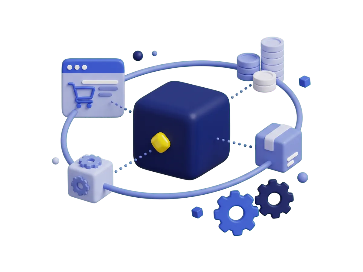 A navy core cube with a yellow gem, orbited by cart, coin, parcel and gear modules on a ring.