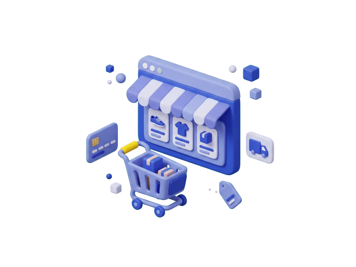 A storefront with product cards in its window, a shopping cart holding parcels, and payment, delivery and price tag chips around it.