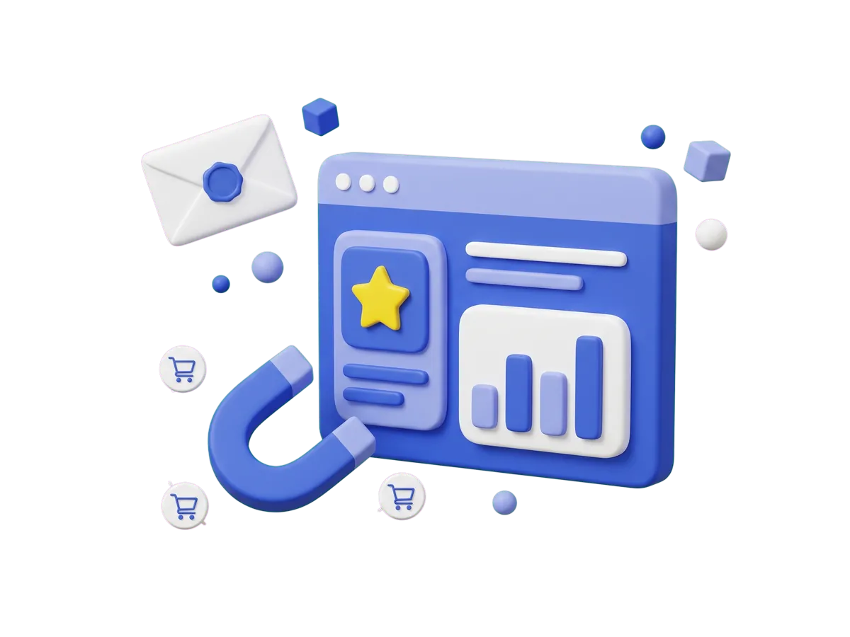 A magnet pulling shopping cart chips toward a store page with a starred product and a rising bar chart, beside an envelope.