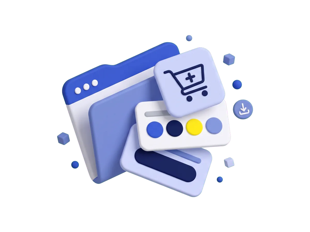 A half-open press-kit folder fanning out a cart logo tile, a card of four color swatches and a typeface sample card, with a download chip.