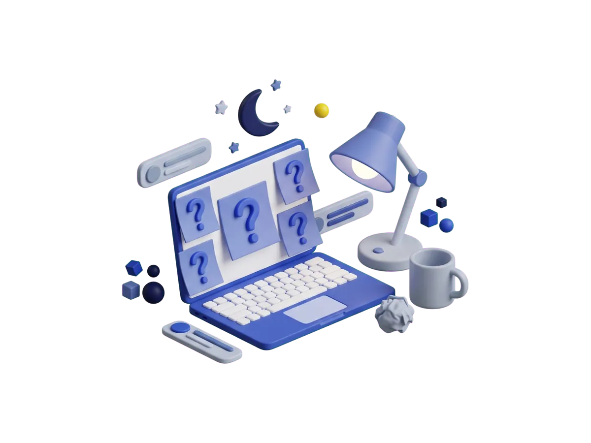 A laptop late at night under a crescent moon, its screen edged with question-mark sticky notes, beside a desk lamp and an empty mug.