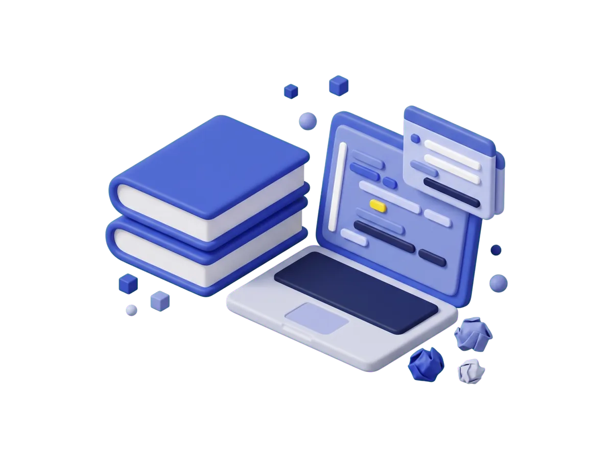 Two thick programming manuals stacked beside a laptop of code with an extra framework layer piled on its screen and crumpled paper nearby.
