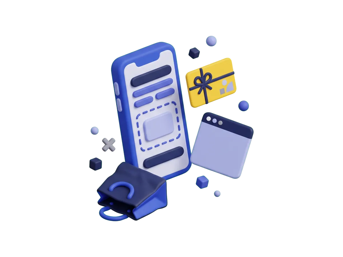 A phone checkout screen with an empty gift card slot, a yellow gift card floating out of reach, a dismissed browser window and a shopping bag left on its side.