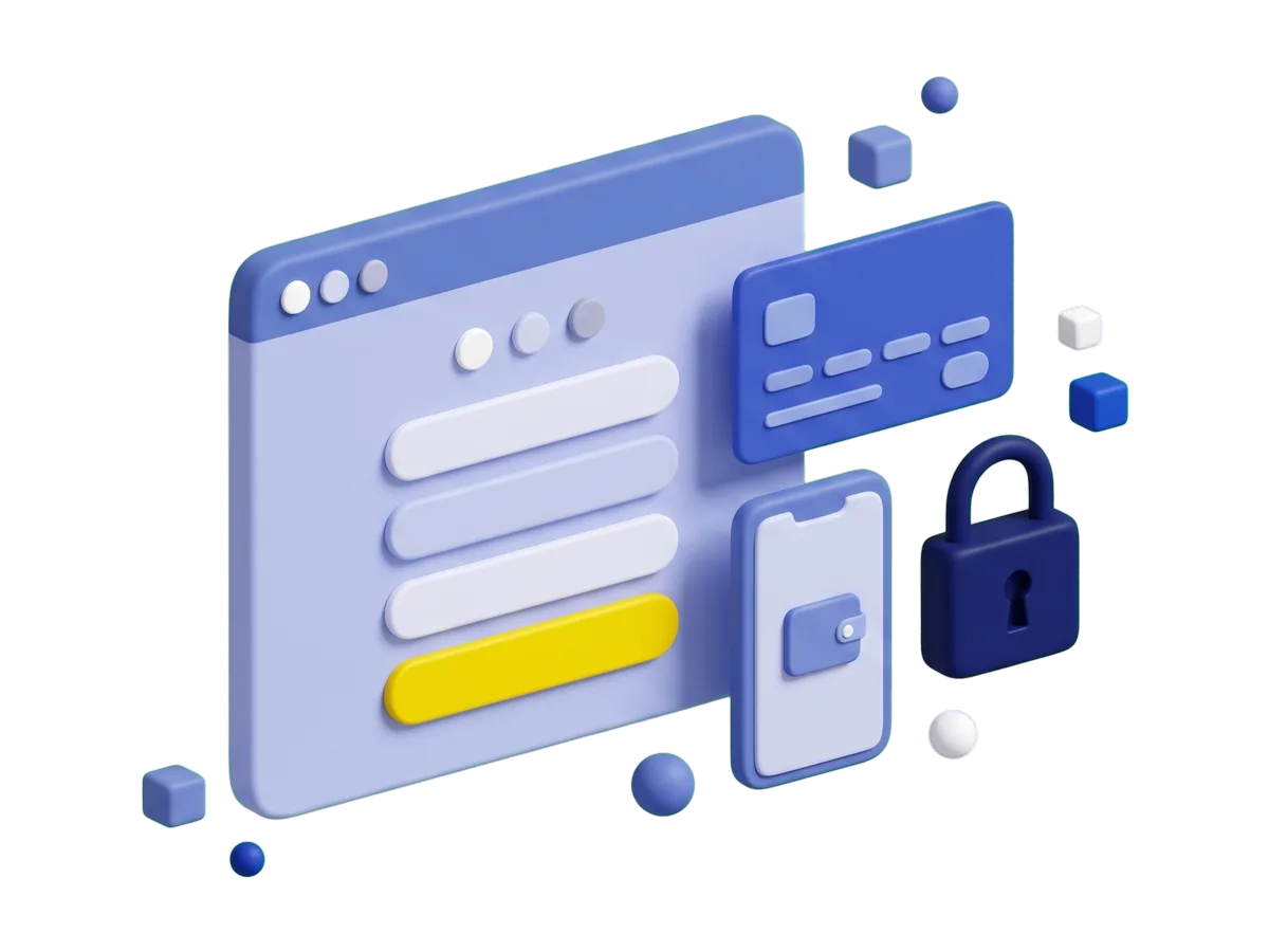 A clay checkout form with a wide pay button, beside a bank card, a phone wallet and a padlock chip.