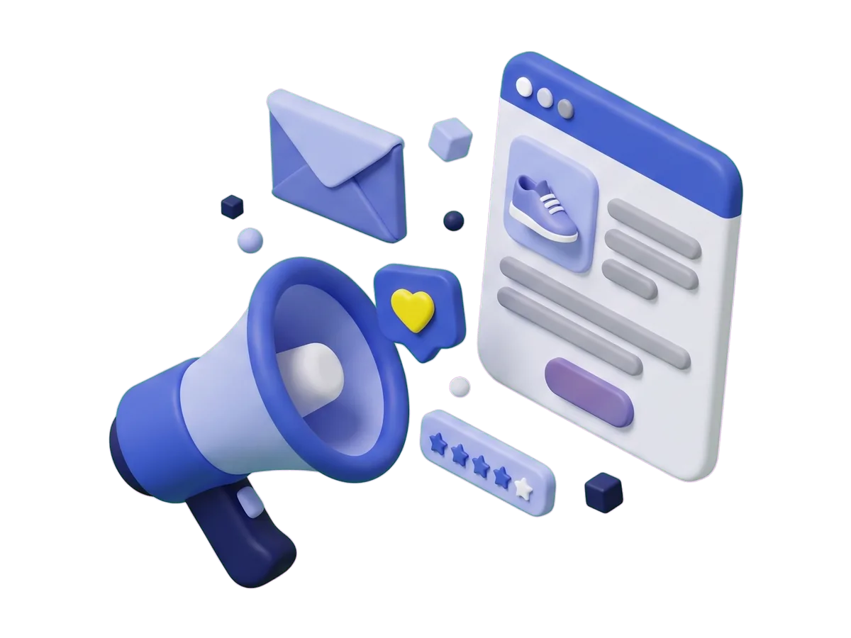 A clay megaphone sending an envelope, a heart chip and a star rating toward a floating product card.