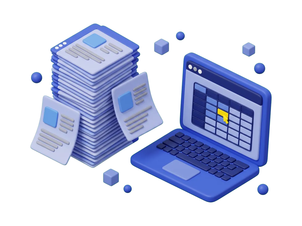 A towering stack of printed catalog pages beside a laptop spreadsheet being filled in one cell at a time.
