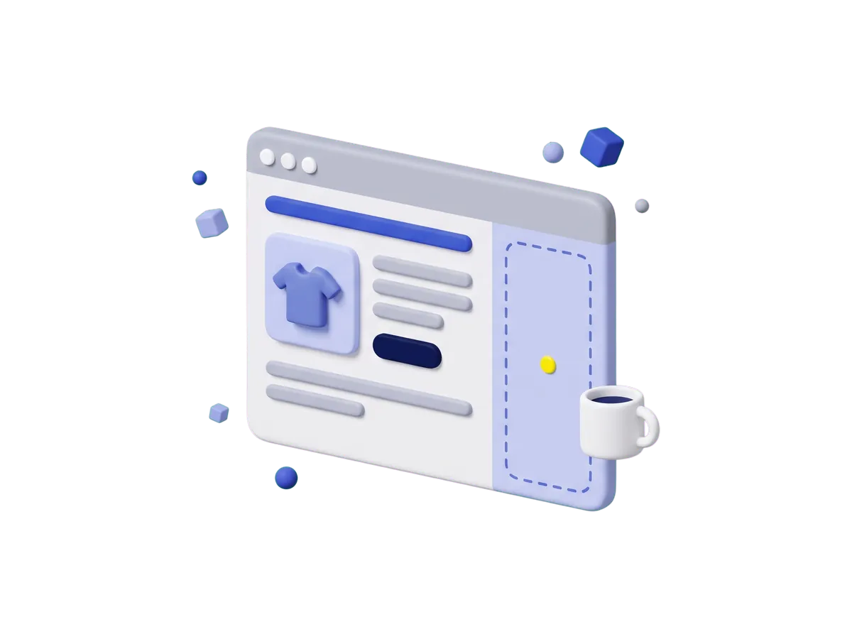 A product page in a browser window with a tall, empty dashed sidebar column next to the product details and a coffee cup floating beside it.
