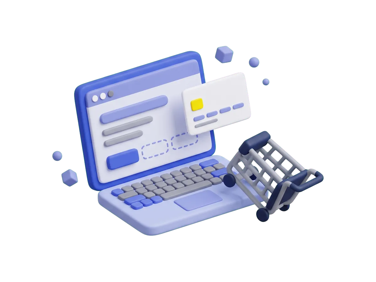 A laptop checkout page with only one payment button and empty slots beside it, a credit card hovering in front of the screen and a shopping cart tipped over.