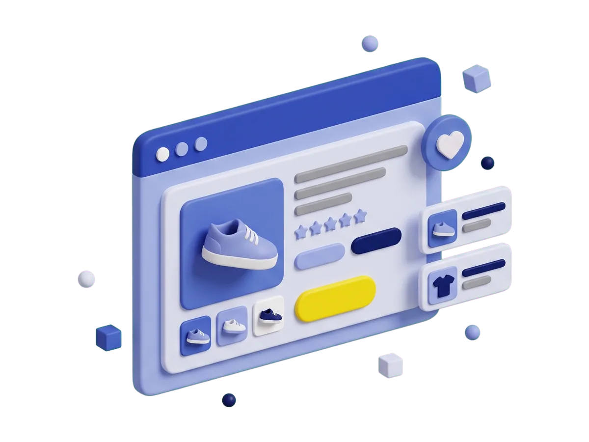 A clay product page with a large photo, thumbnails, star pips and an add-to-cart button, beside a heart chip and two related product cards.