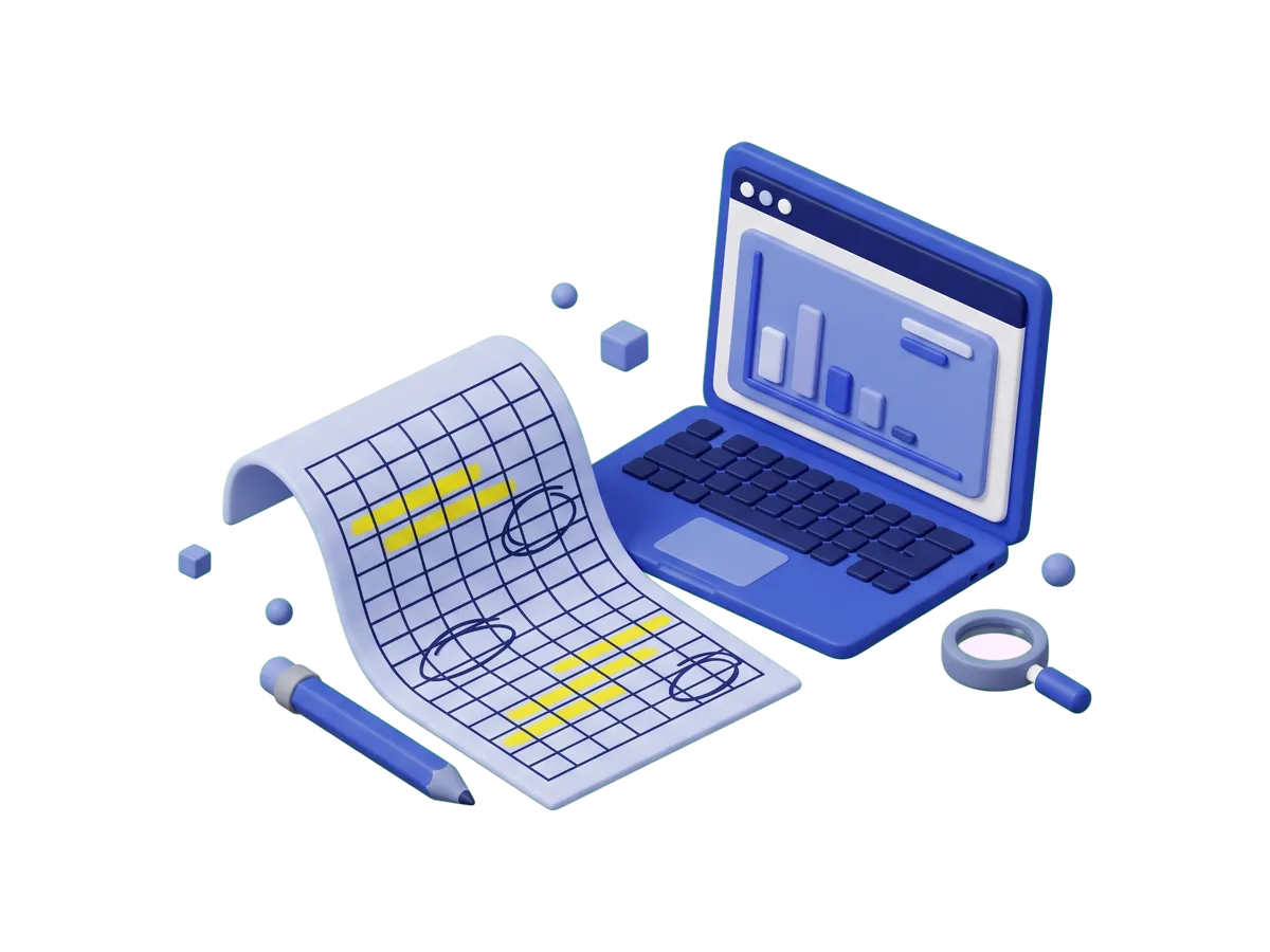 A curled printed spreadsheet covered in highlighter streaks and pen circles beside a laptop showing a sparse chart, with a pencil and a magnifier nearby.