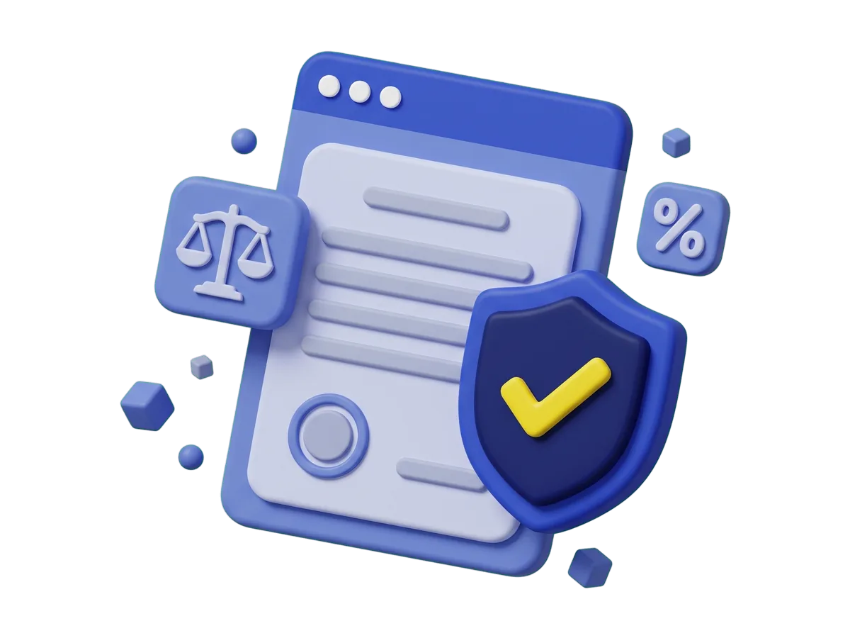 A clay document with a seal, a shield with a check mark, a balance-scale chip and a percent chip.