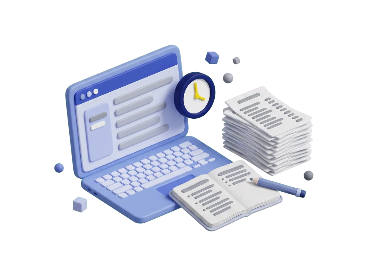 A laptop showing an orders list beside an open notebook where the same rows are copied out by hand, a tall stack of packing slips and a clock ticking away the hours.