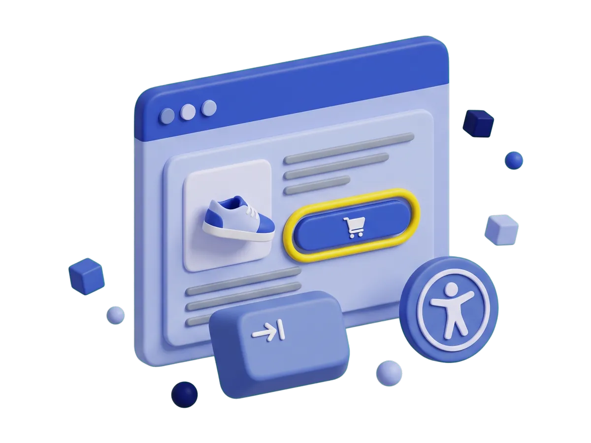 Animation: a product page starts with a faded, unmarked add-to-cart button, then a yellow keyboard focus ring lands on the product photo and moves to the add-to-cart button, beside a Tab key and an accessibility badge.