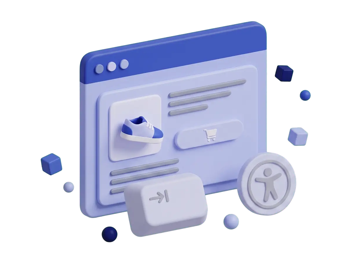 Animation: a product page starts with a faded, unmarked add-to-cart button, then a yellow keyboard focus ring lands on the product photo and moves to the add-to-cart button, beside a Tab key and an accessibility badge.