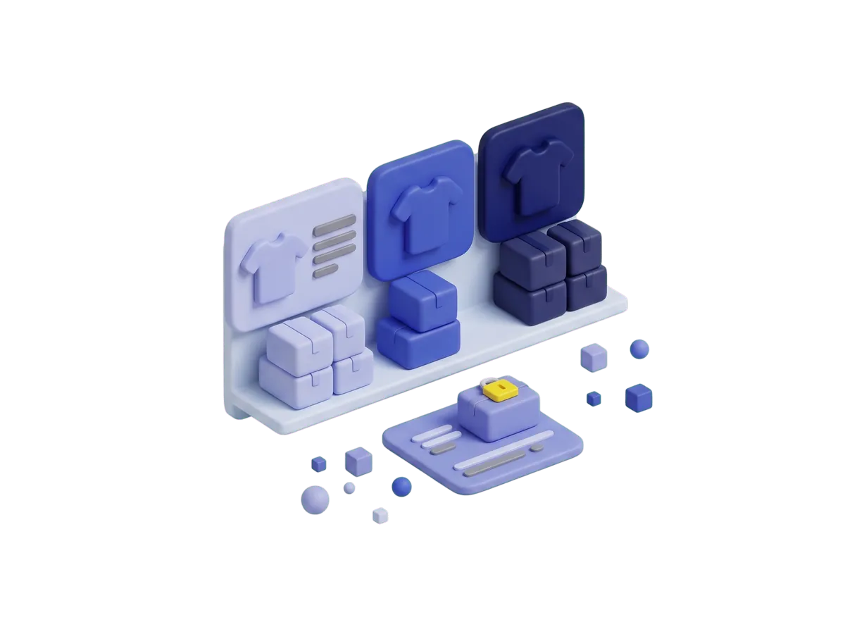 Animation: three shirt variants each sit above their own stock of boxes; an order takes one box from the middle stack and locks it, then the unfinished order fades and the box returns to the shelf.