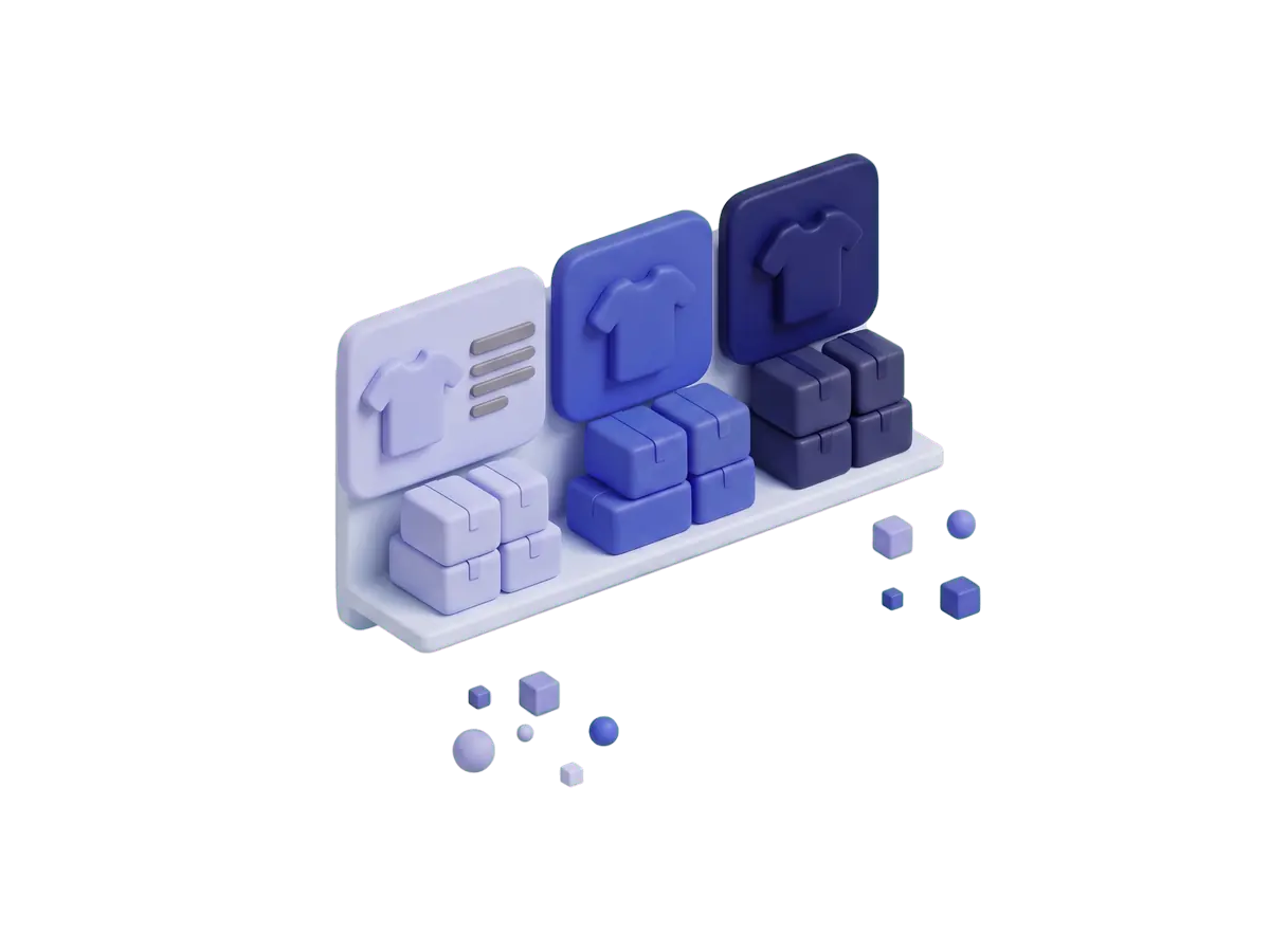 Animation: three shirt variants each sit above their own stock of boxes; an order takes one box from the middle stack and locks it, then the unfinished order fades and the box returns to the shelf.