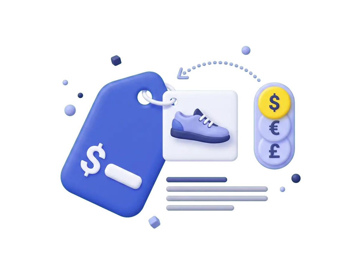 One product price tag that switches between dollars, euros and pounds as the small currency-switcher control beside it changes selection.