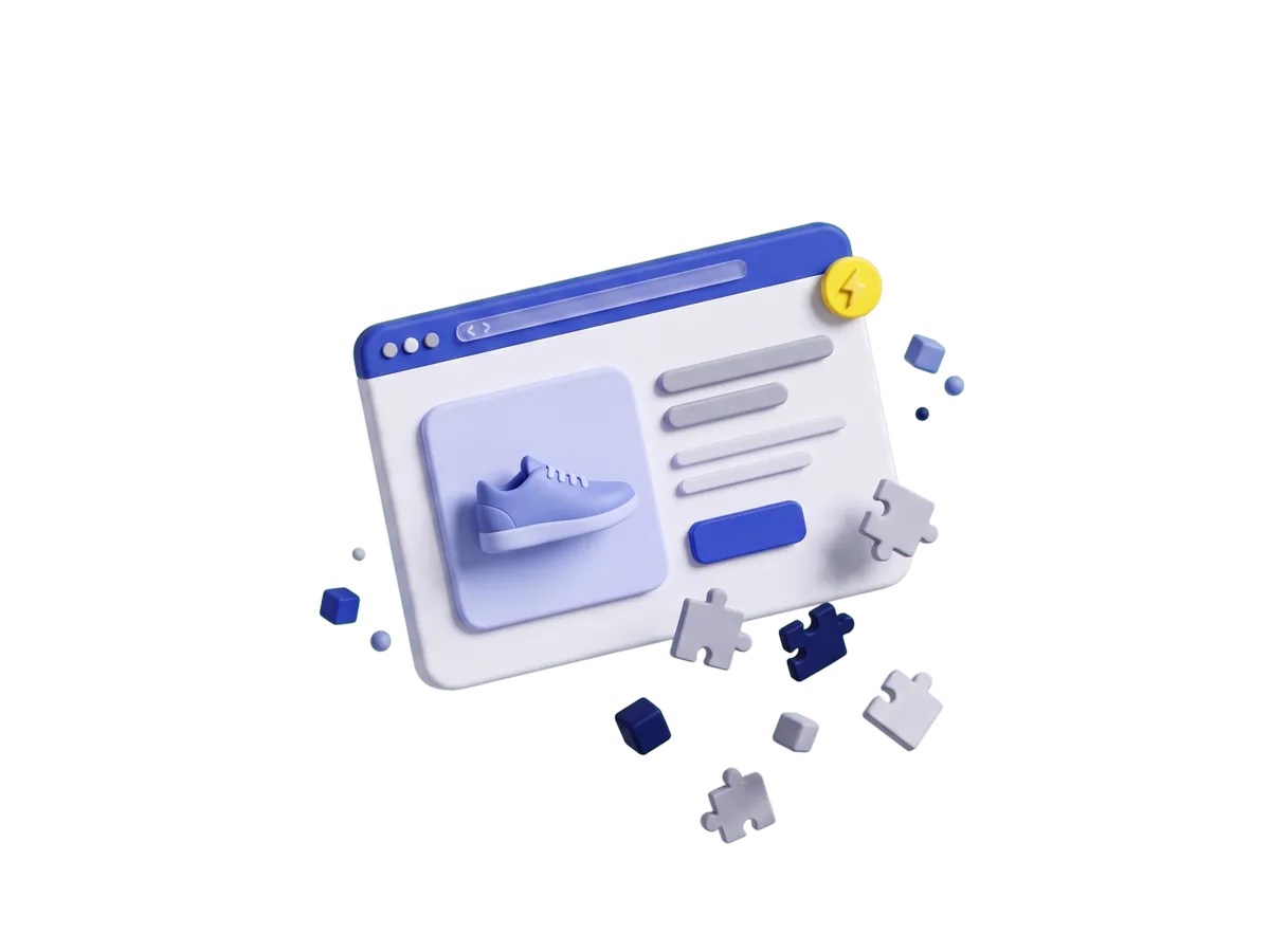 Animation: a product page starts buried under a pile of script pieces, the product photo loads while the pieces fall away, and the page ends clean with a lightning badge.