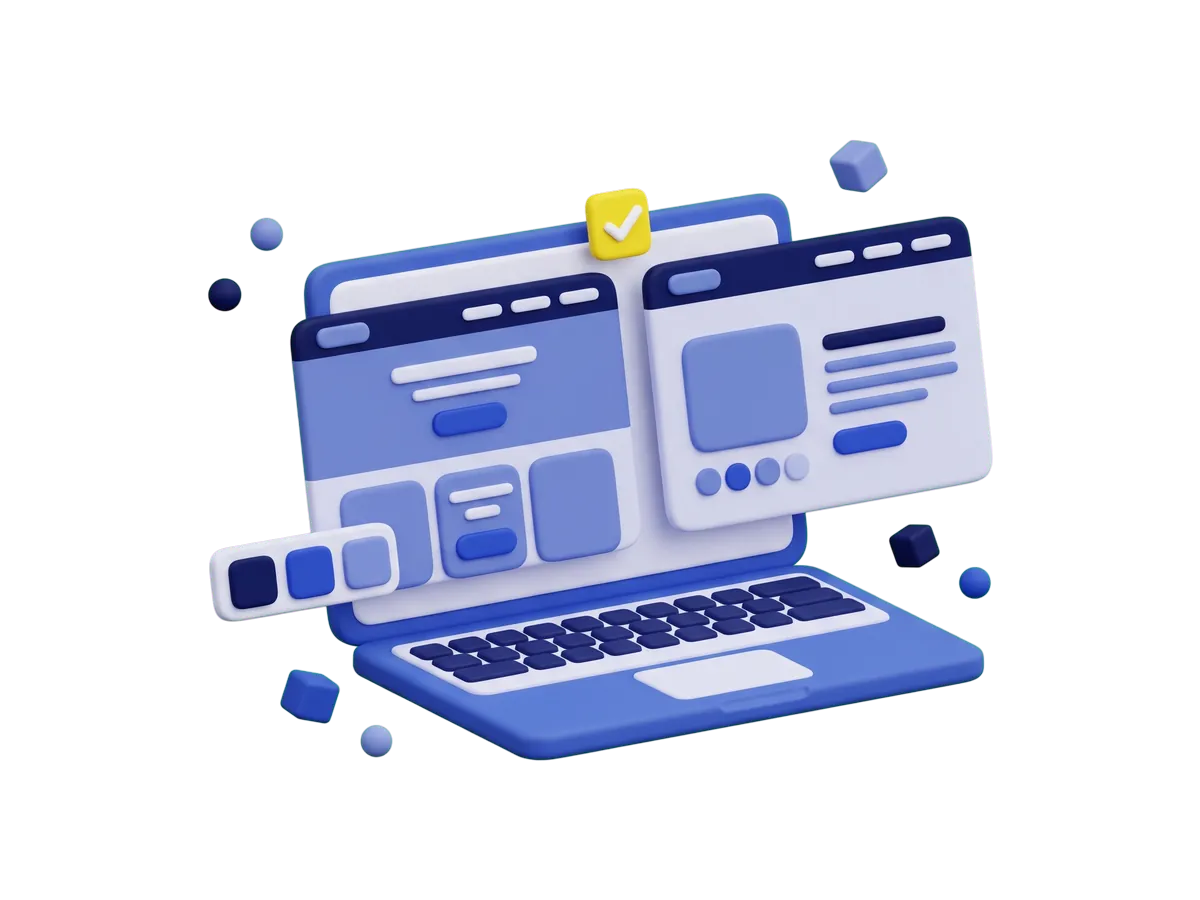 A laptop showing a home page and a product page with the same navy header, buttons and colors, joined by a yellow check.