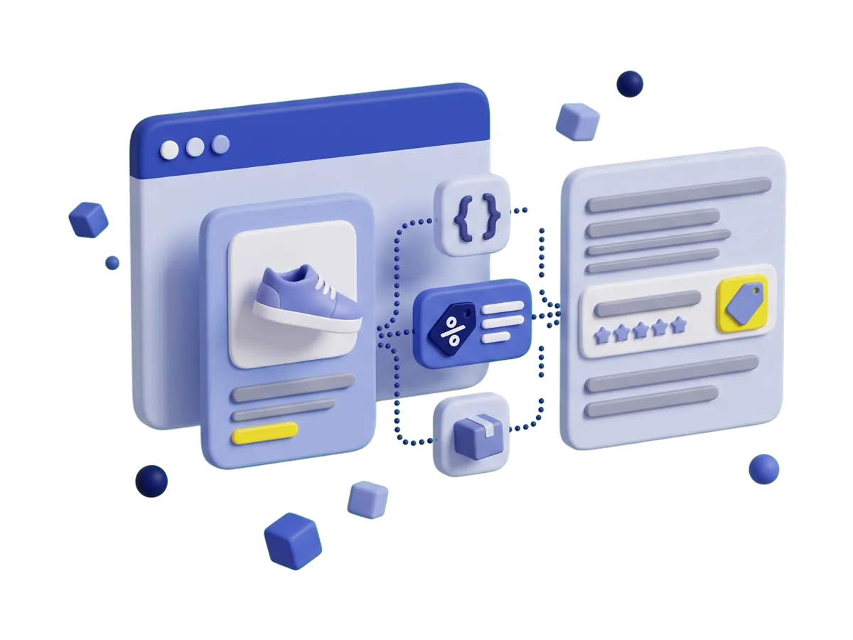Animation: a product page and a plain search results panel sit apart, then product data blocks connect to the product card and link across to the results panel, where one listing gains star ratings and a price tag.