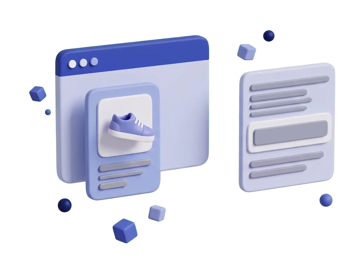 Animation: a product page and a plain search results panel sit apart, then product data blocks connect to the product card and link across to the results panel, where one listing gains star ratings and a price tag.