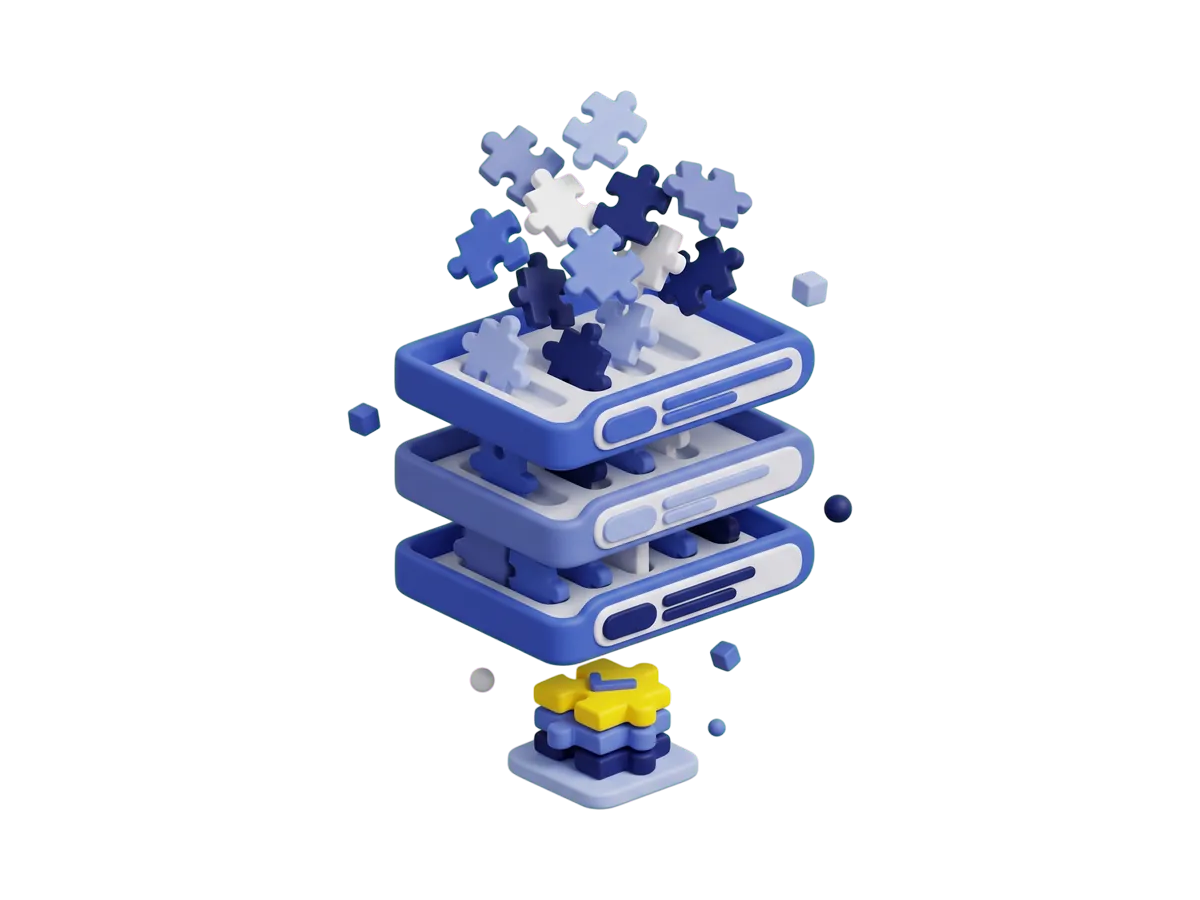 A heap of puzzle pieces dropping through three sorting trays and coming out as a short, neat stack of three pieces with a yellow one on top.