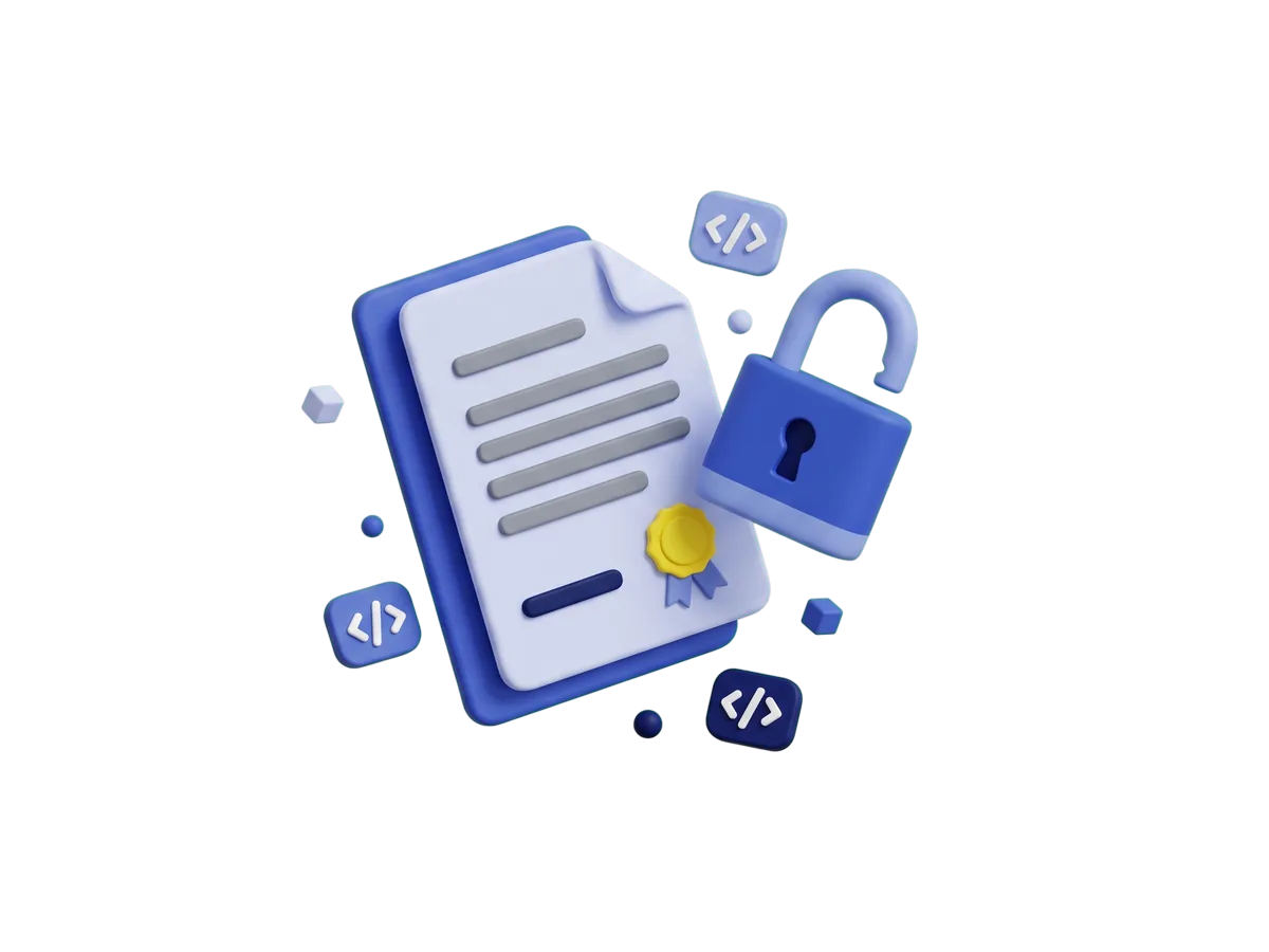 A license document with a seal beside a padlock and code-bracket chips.