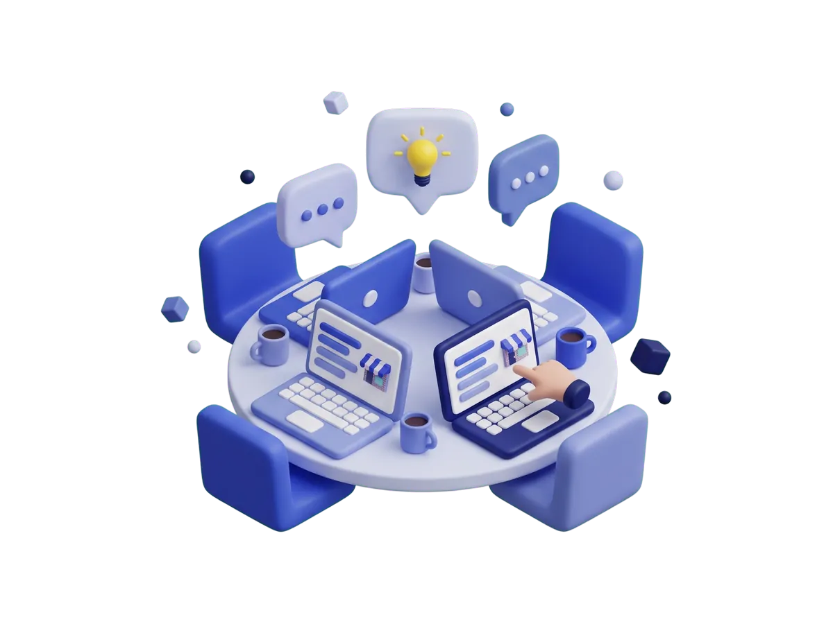 A round table of four open laptops and coffee cups with a hand pointing at one screen, under speech bubbles and a lit yellow bulb.