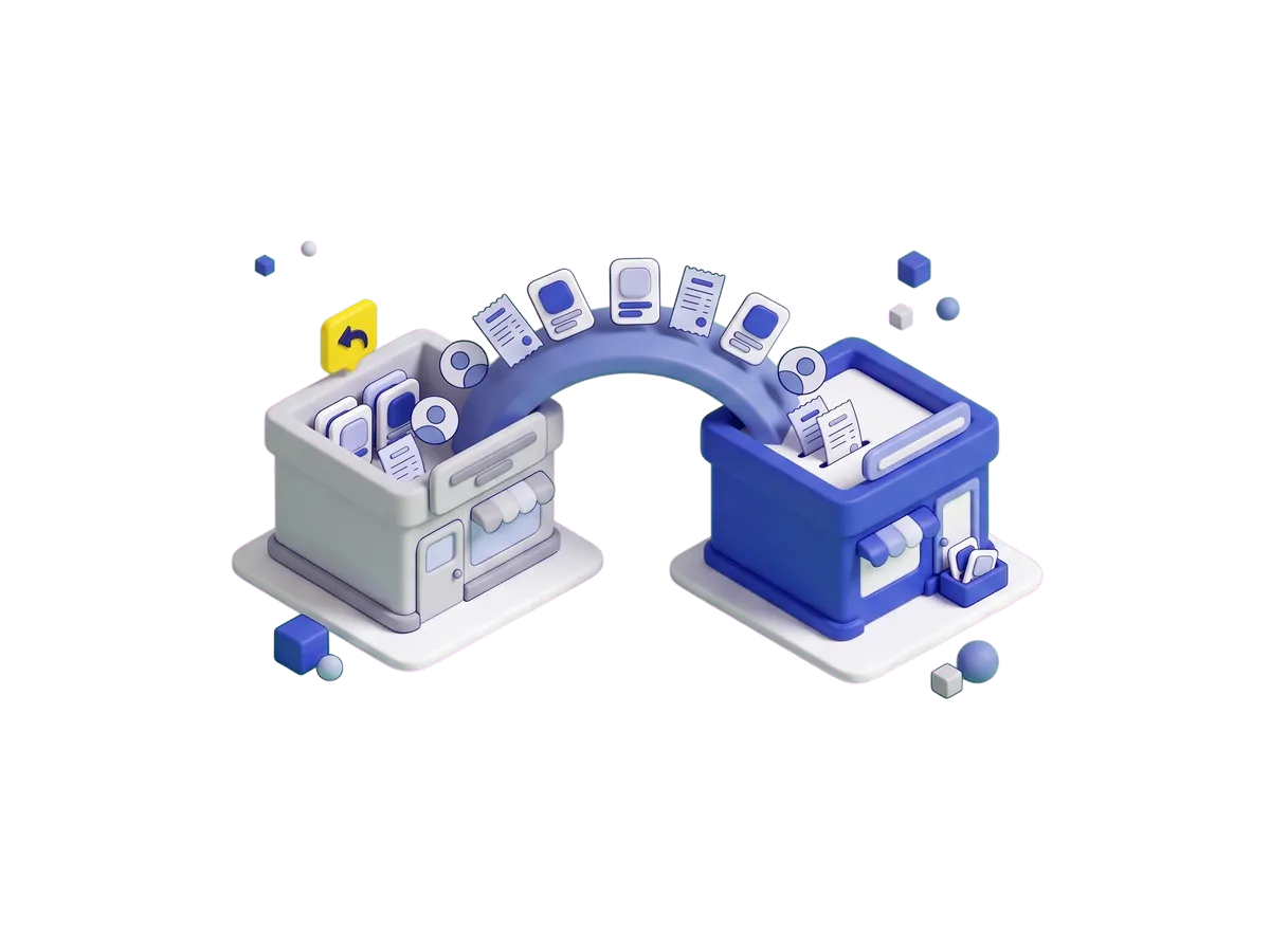 Animation: product, order and customer cards travel over a bridge from an old gray store to a new blue store, while the old store keeps its own copies and a way-back arrow.