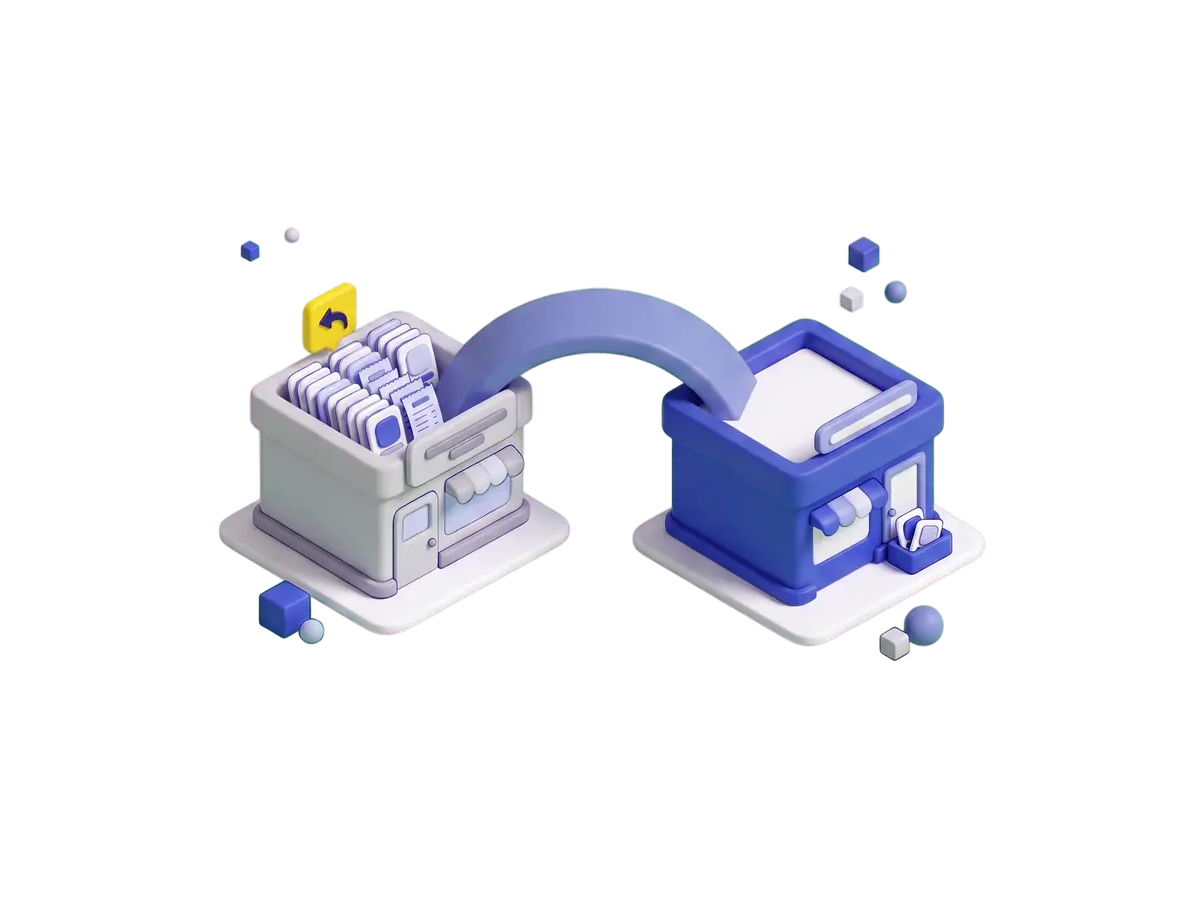 Animation: product, order and customer cards travel over a bridge from an old gray store to a new blue store, while the old store keeps its own copies and a way-back arrow.