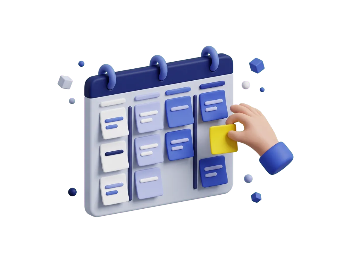 A wall calendar with sticky notes in three neat columns and a hand placing a new yellow note in the last one.