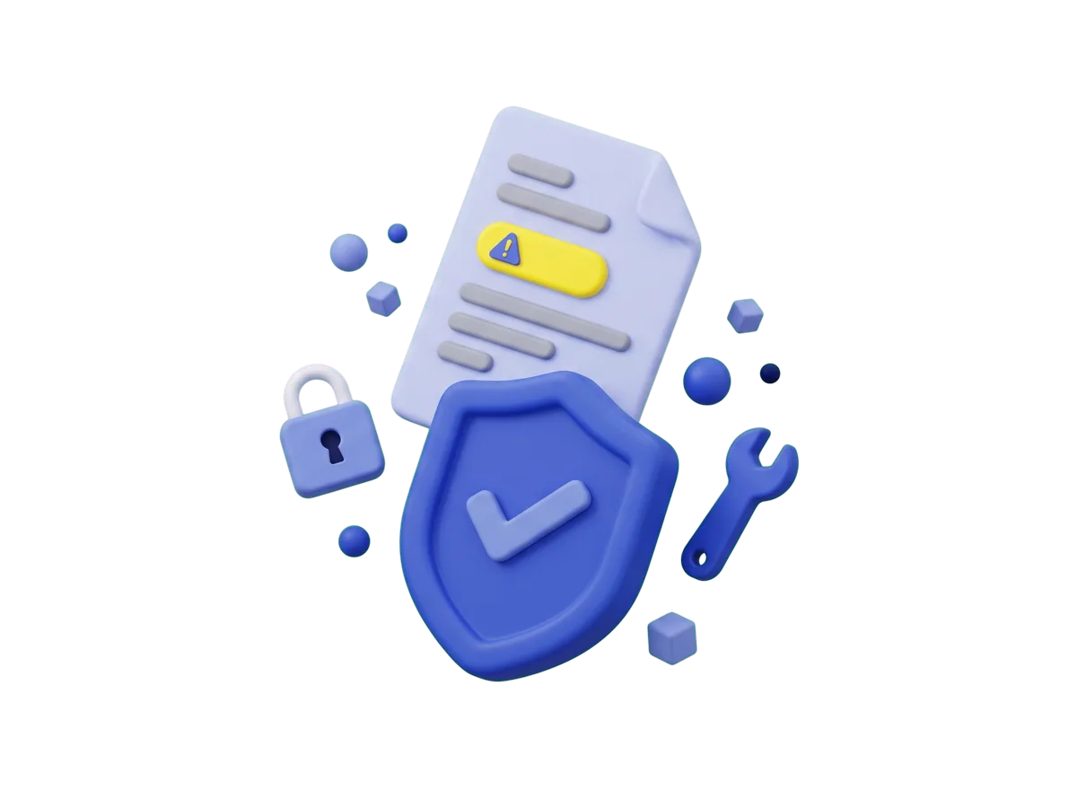 A shield with a check mark in front of an advisory document with a severity badge, beside a padlock and a wrench.