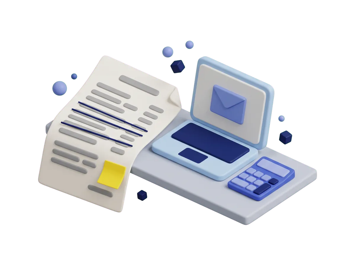 An old printed price sheet with rows struck through in pen and a sticky note, beside a laptop showing an email and a calculator.