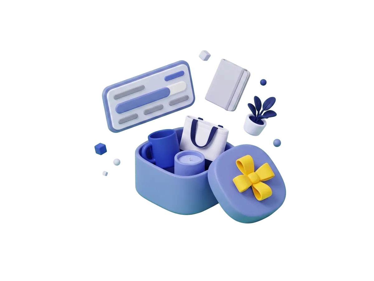 Animation: an empty gift box fills with a mug, a candle and a tote bag while the price bar above it grows with each item added.
