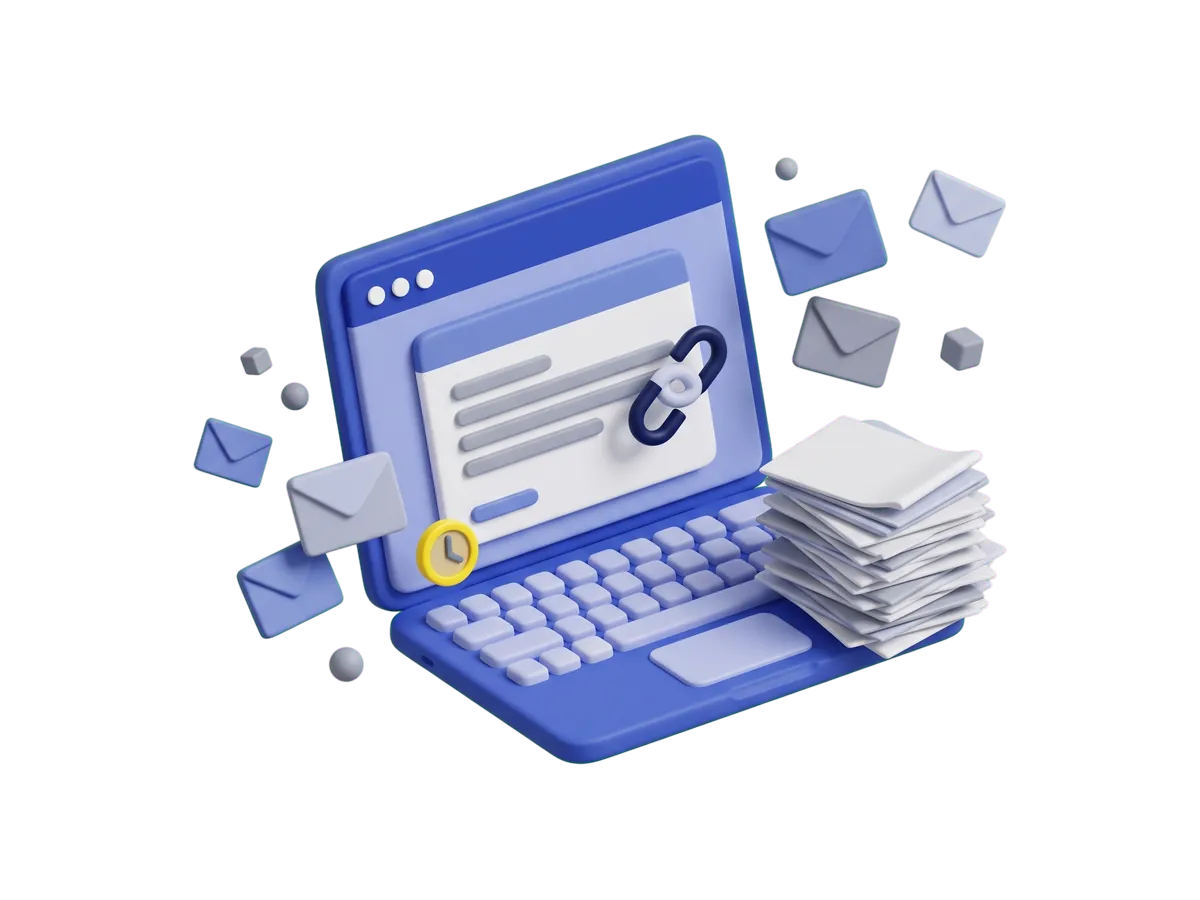 A laptop email window with a download link being pasted in, envelopes flying off one at a time and a stack of unanswered order printouts beside the keyboard.