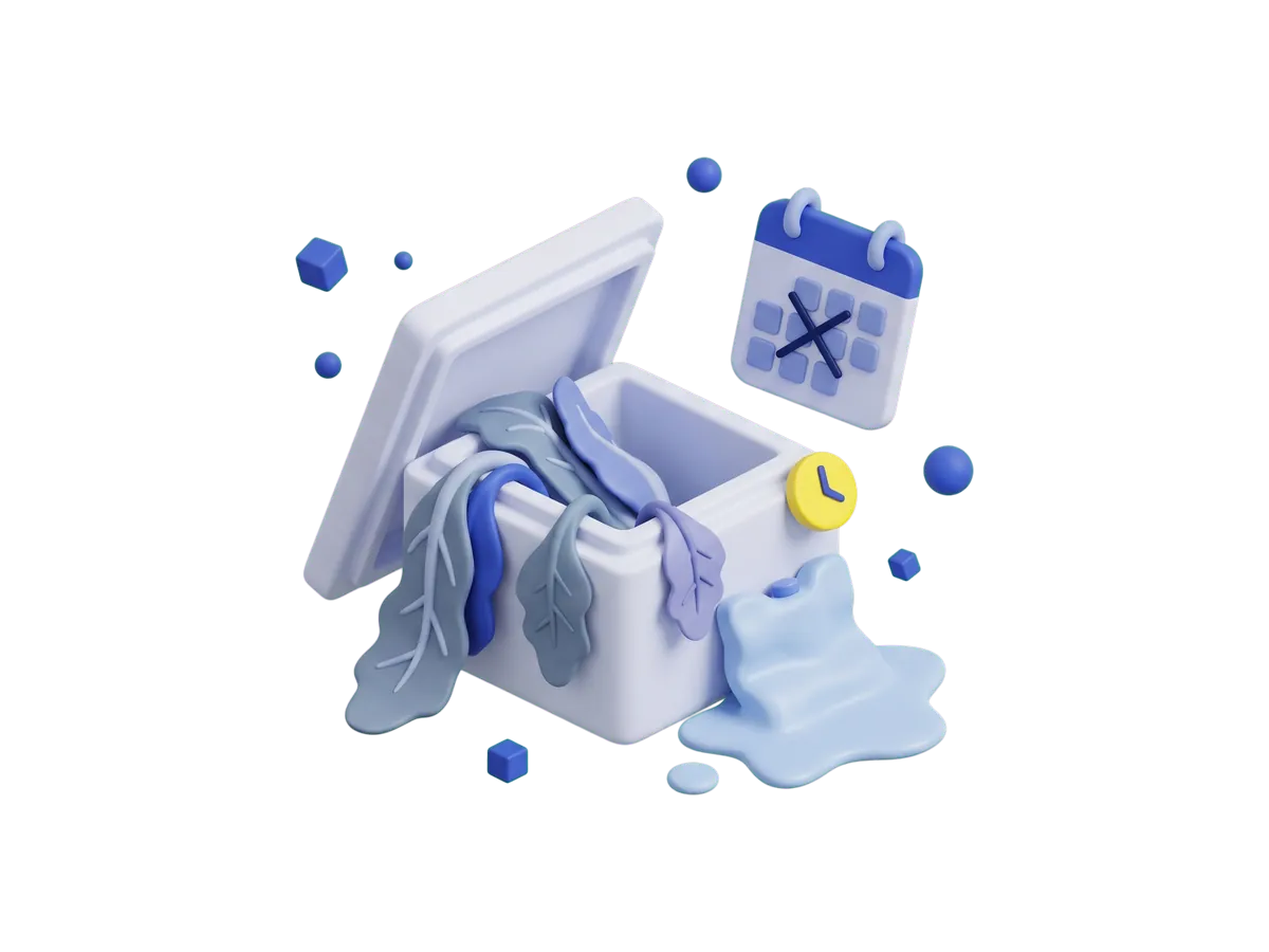 An open insulated delivery box with wilted greens and a melted ice pack spilling over, a calendar with one day crossed out and a clock beside it.
