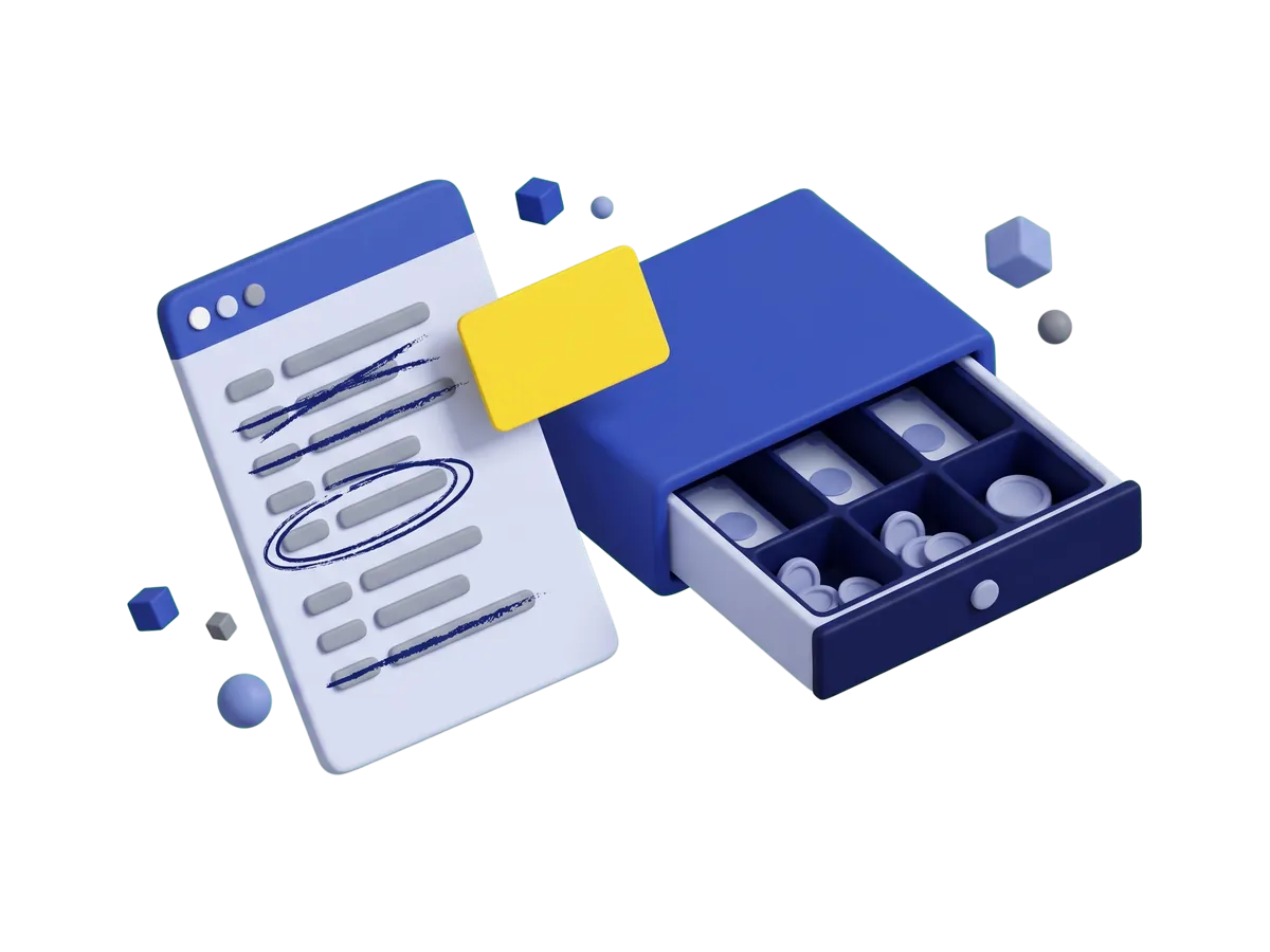 A printed list of gift card codes with rows crossed out and circled in pen, next to a gift card and an open cash register drawer.