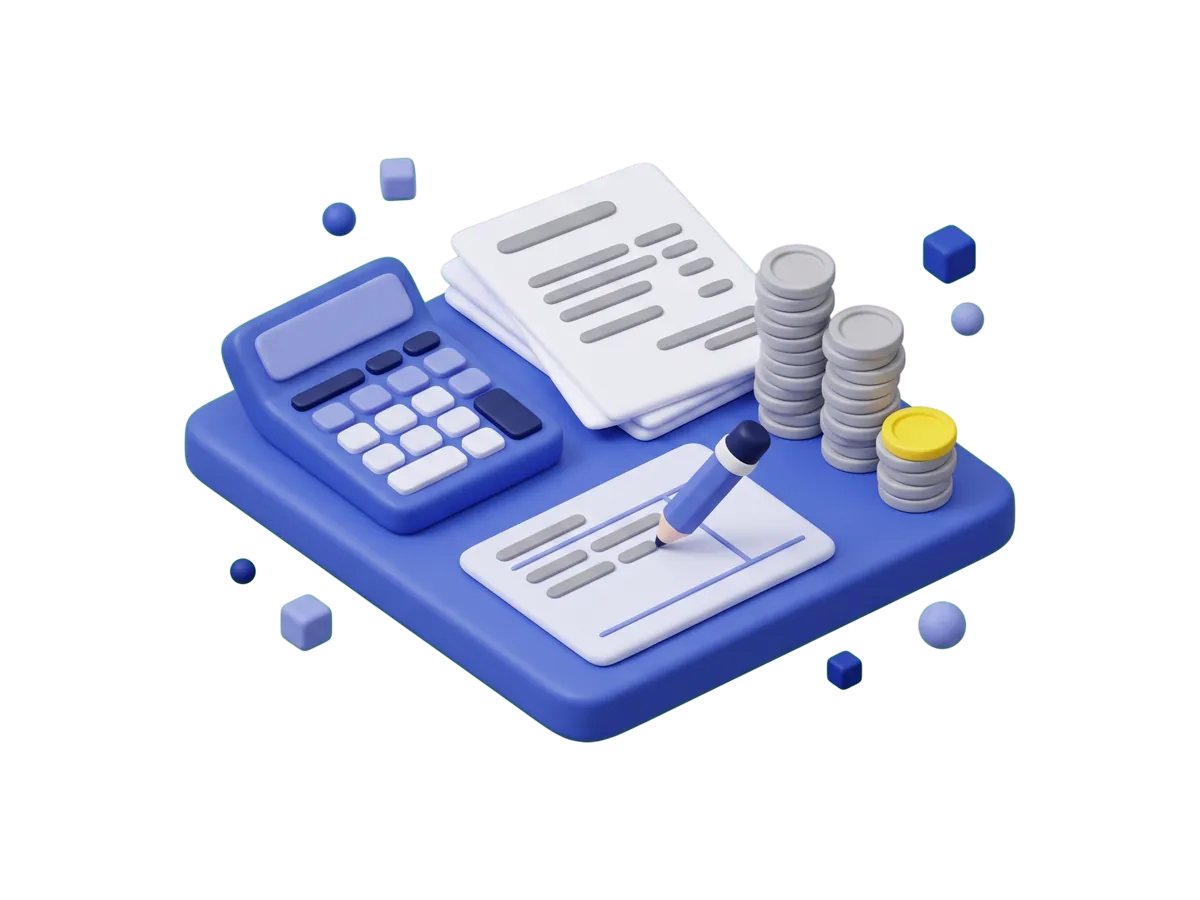 A desk with a calculator, a stack of seller invoices, a ledger being filled in by hand with a pencil, and three uneven piles of coins.